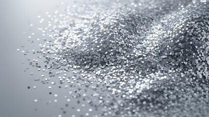 Fototapeta premium A large pile of shiny silver confetti scattered on a gray surface with light shining through