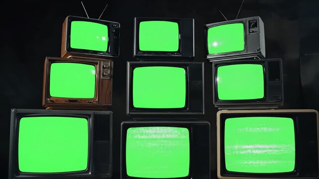 Green Screen ten old tvs turning on screens stacked vintage live retro television with display taken zoomout shot scene 2 distortion, overlay, glitch, static noise, scan lines black background, 4k