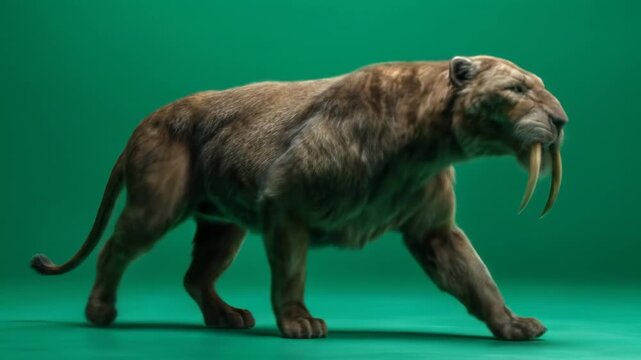 Prehistoric Saber-Toothed Tiger Walking on Chroma Key Green Screen