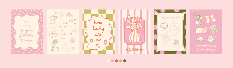 Spring fun girly poster set. Whimsical collection of wall art prints. Bright summer trendy lettering and line art illustrations. Soft girl stylish vector. Perfect for 8 march, galentine, birthday card © cute_vector