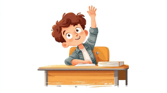 Cheerful cartoon boy raising hand at wooden school desk