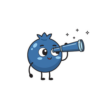 Cute blueberry looking through telescope cartoon vector illustration.