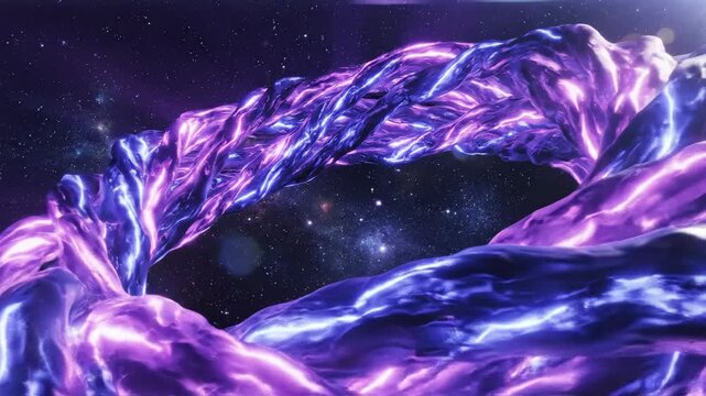 Abstract twisted object with blue and purple lights floating in a space background with stars and light effects