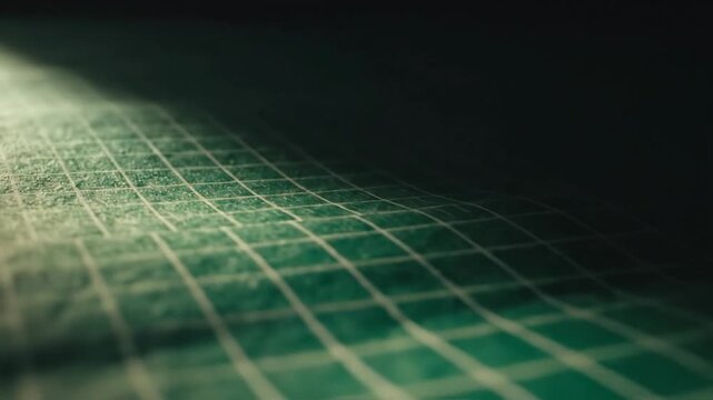 Abstract view of a worn green cutting mat, gridded, with dramatic lighting from the left casting a soft shadow