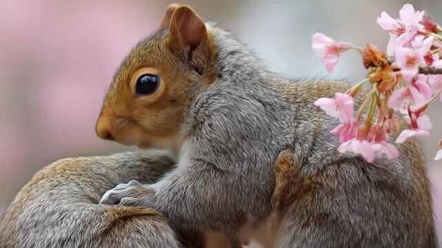 Two squirrels embrace near pink flowers in natural sunlight setting