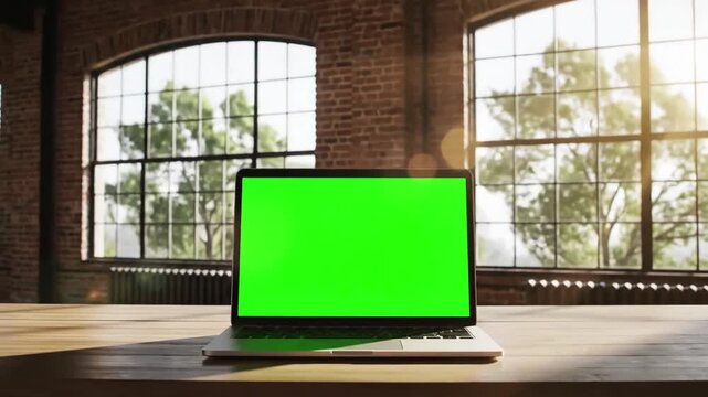 Green Screen laptop with blank static footage trees swaying or moving in the wind home interior loft office background 4k 24fps uhd loop video scene 4 distortion, overlay, glitch, noise, scan lines on