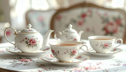 Fototapeta premium Elegant Tea Set with Floral Design on a Table.