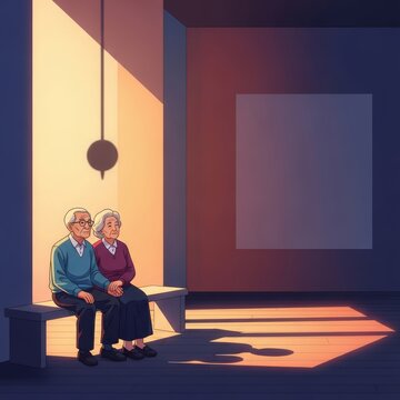 Elderly partners share a silent moment beneath a mesmerizing pendulum shadow, contemplating the inexorable march of time, darkness, pendulum, sleepless