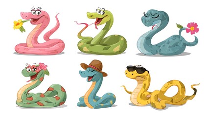 Obraz premium Set of six cute cartoon snakes with different expressions and accessories, isolated on a white background, perfect for childrens designs.