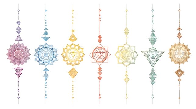 Set of seven colorful chakra symbols with intricate patterns and geometric shapes, representing spiritual energy centers.