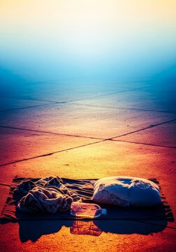 Intense summer sun beating down on meager belongings and bedding laid out on hot city pavement during extreme dangerous weather conditions, dehydration, intense light, urban