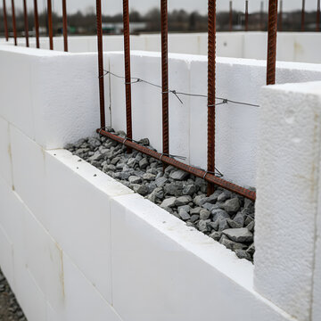 Close-up view of insulated concrete forms with steel rebar and gravel filler at a modern building construction site. Generative AI.