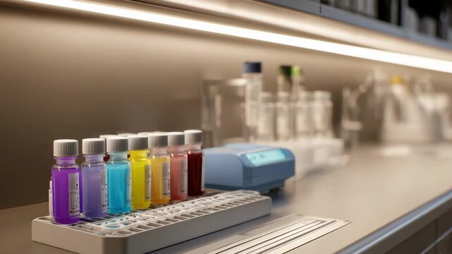 Focused medium shot of a pointofcare station with undercabinet lighting accentuating the centrifuge test strips and reagent bottles against a softly blurred clinical backdrop