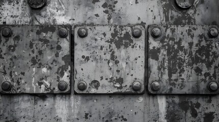 Close-up shot of weathered metal surface showing three square plates secured with bolts, featu peeling paint and textures, creating an industrial background.
