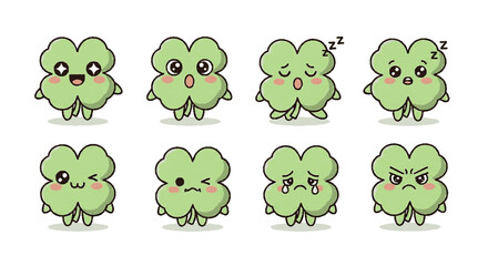 Obraz premium Cute cartoon four leaf clover characters with various facial expressions and emotions on white background ideal for design and illustration