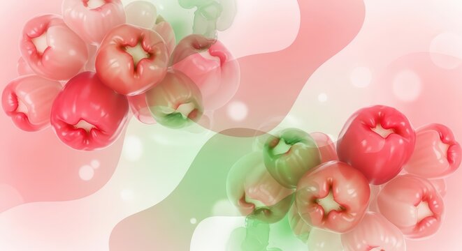 Fresh Rose Apples (Syzygium jambos) cluster, vibrant red and green fruits, soft pink and green abstract background