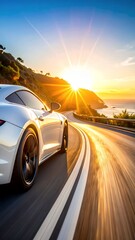 Fototapeta premium White sports car speeding on a coastal road at sunset, dynamic motion blur, golden hour light, scenic ocean view, luxury vehicle driving experience.