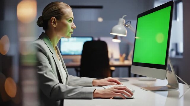 Green Screen side view woman with blond hair sitting in front of computer unrecognizable businesswoman moving pc mouse looking on display employee at white desk office scene 4 distortion, overlay