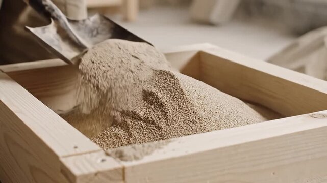 Closeup of flour being sifted into a wooden box for baking.