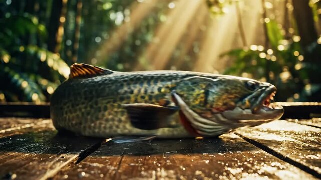 A dead fish on a wooden surface with a forest background and bright light shining through the trees