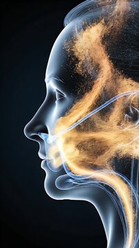 CGI medical visualization of airflow dynamics through the human nasal and respiratory passages in profile view with blue and yellow particle streams and soft illumination on a dark background