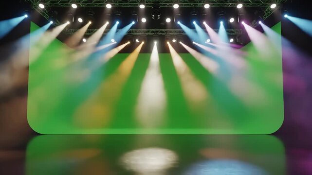 Green Screen virtual studio backdrop with spotlights for tv shows commercials or events ideal vr tracking system sets scene 1 distortion, overlay, glitch, static noise, scan lines on black background