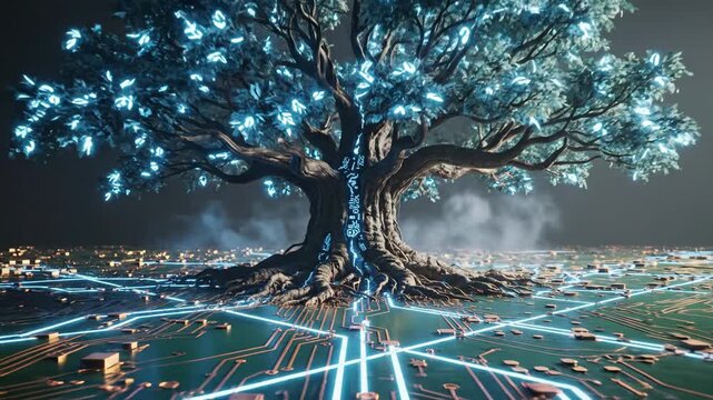 A mystical tree with glowing runes stands on a circuit board landscape, creating a digital nature scene