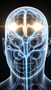 CGI Medical Visualization of Human Brain and Nervous System Activity with Neural Pathways and Electrical Impulses on Dark Background