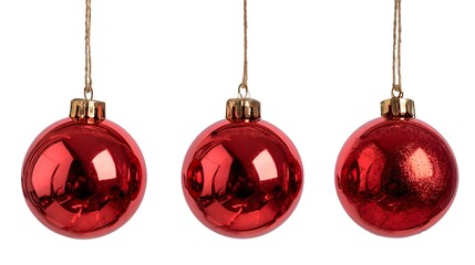 Obraz premium Three Shiny Red Christmas Ornaments Hanging Isolated on White Background.