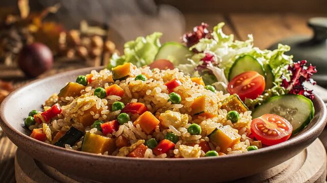 Bowl filled with rice, vegetables and salad. A steaming, healthy meal on a rustic wooden background
