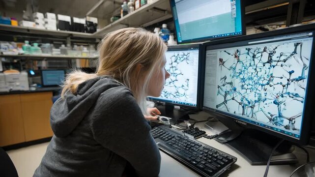 Closeup of researcher examining protein structures through computational models in a hightech laboratory setting.