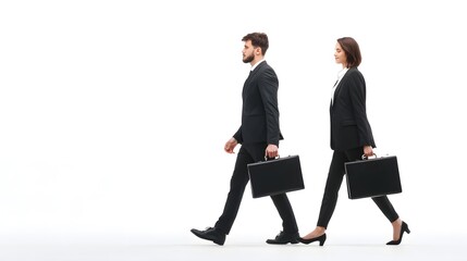 Obraz premium Two business professionals walking with briefcases against a white background.
