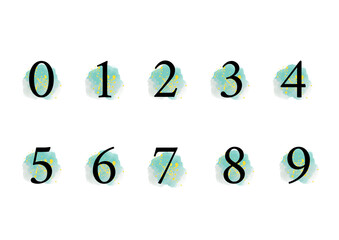 Elegant watercolor numbers set with gold paint splashes