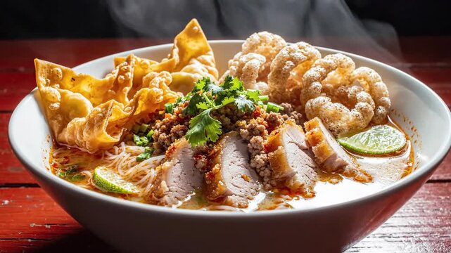Bowl of steaming noodle soup with meat slices, crispy wontons, and pork rinds on a red wooden table
