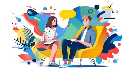 Two people engaged in a conversation, possibly a therapy session or an interview, with colorful abstract background elements.