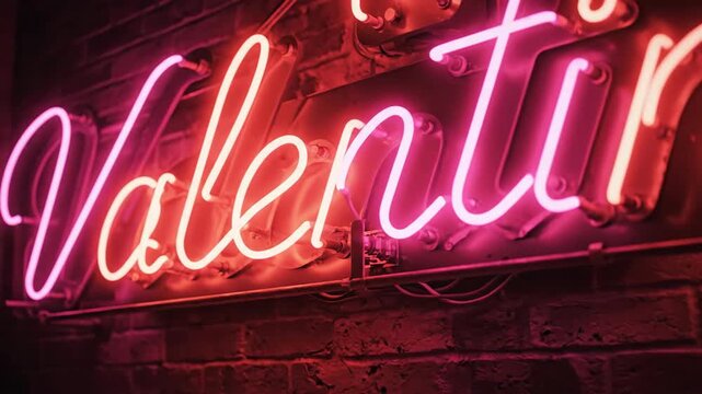 A neon "Valentine" sign glows brightly against a textured red brick wall in a softly lit, moody space