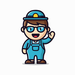 Fototapeta premium Cartoon man wearing blue overalls waving.