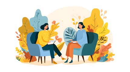 Fototapeta premium Two women having a therapy session in a cozy, plant-filled room, discussing mental health and well-being.
