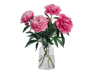 Obraz premium Four vibrant pink peonies in a clear glass vase with white background peony flowers bouquet