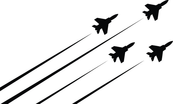 Four fighter jets in formation flying across sky with contrails military aviation vector