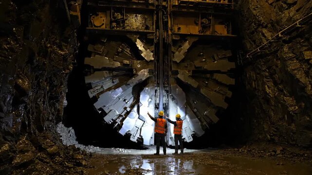 Mining Tunnel Workers Observing Large Tunnel Boring Machine in Dim Quarry Setting
