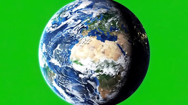 Green Screen realistic earth rotating 4k perfect for your own background using high detailed texture scene 3 with distortion, overlay, glitch, static noise, scan lines on black background, animated