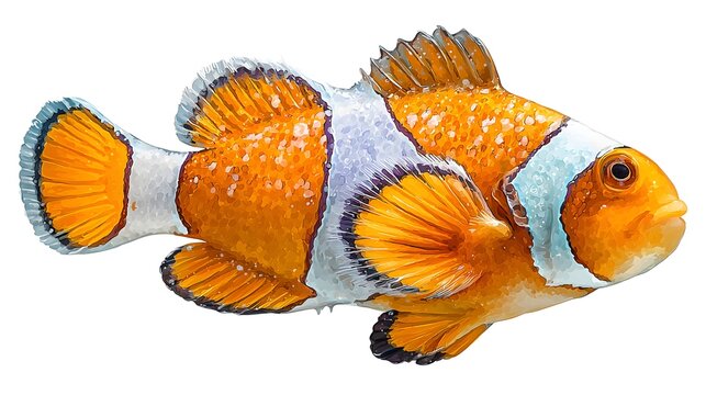 Vibrant orange and white clownfish swimming gracefully in clear water, isolated on a pristine white background.