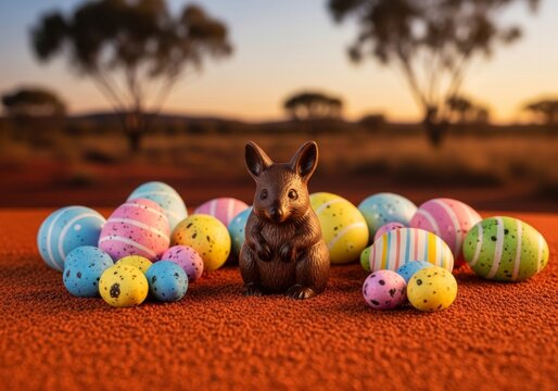 Chocolate bilby figurine standing with colorful decorated eggs on red outback ground. Concept for Australian Easter celebration in nature setting with sunrise view and desert landscape.