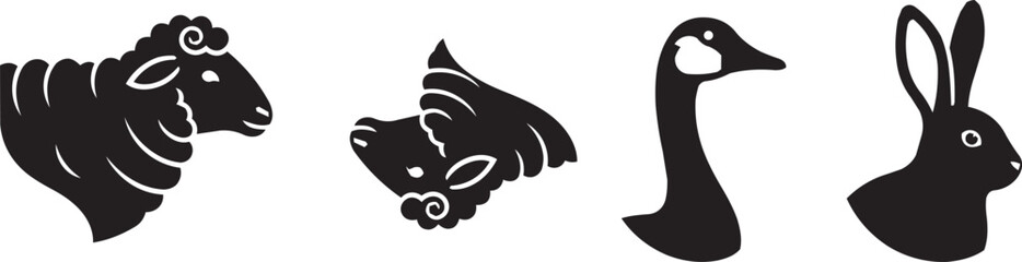 Farm Animal Heads Silhouette: Sheep, Chicken, Goose, Rabbit - Unique Icons © Moniruzzaman