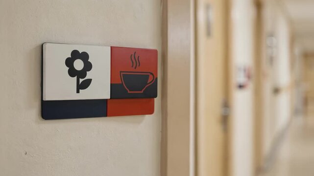 Closeup medium shot of a door marker featuring clear contrasting icons and color codes to help dementia residents identify their rooms with the hallway gently out of focus.