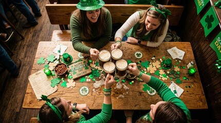 Friends cheering beer at St Patrick party table