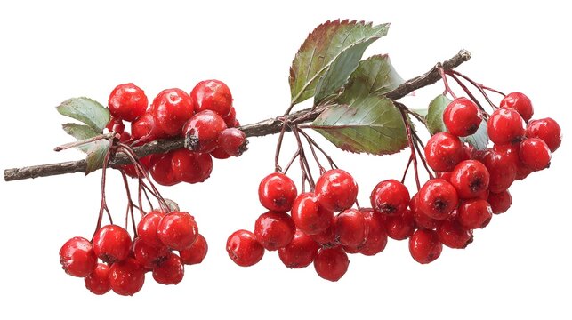 Vibrant Red Berries on a Branch Isolated on White Background.