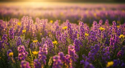 Fototapeta premium Lavender Field with Wildflowers at Sunset.