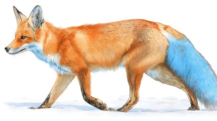 Obraz premium Vibrant watercolor painting of a red fox with a striking blue tail walking through a snowy landscape.